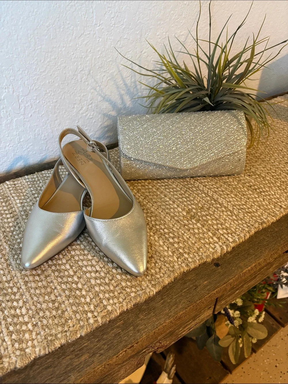 Naturalizer Silver Pointed Slingbacks with Matching Clutch